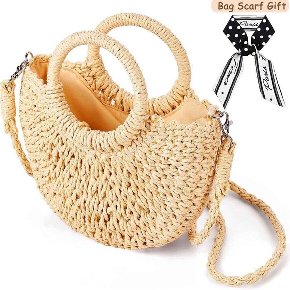 Straw Shoulder Bag Handmade Woven Purse Beach Clutch Crossbody for Women - Picture 3 of 6